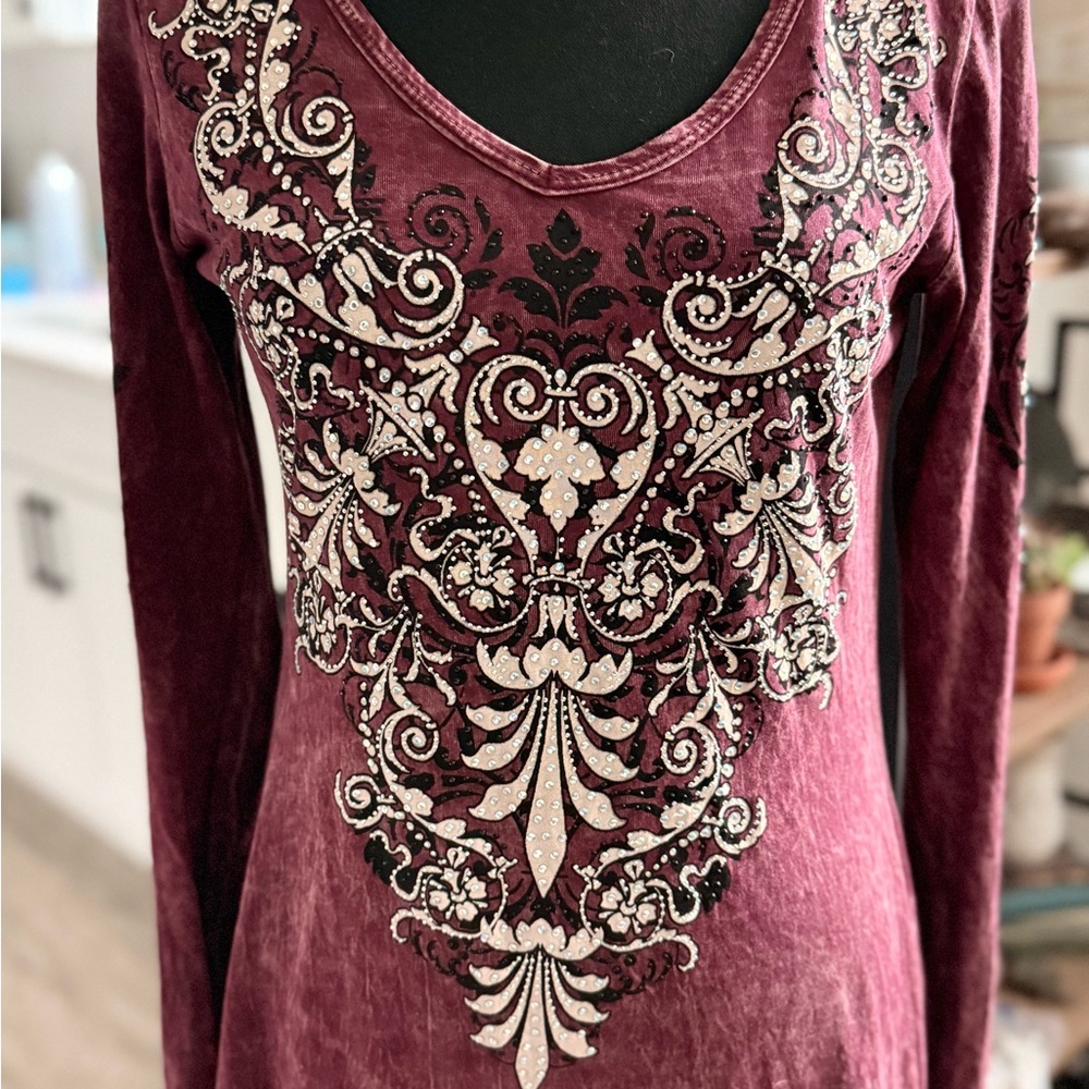 Vocal Burgundy and Black Embroidered Top Vintage fringe